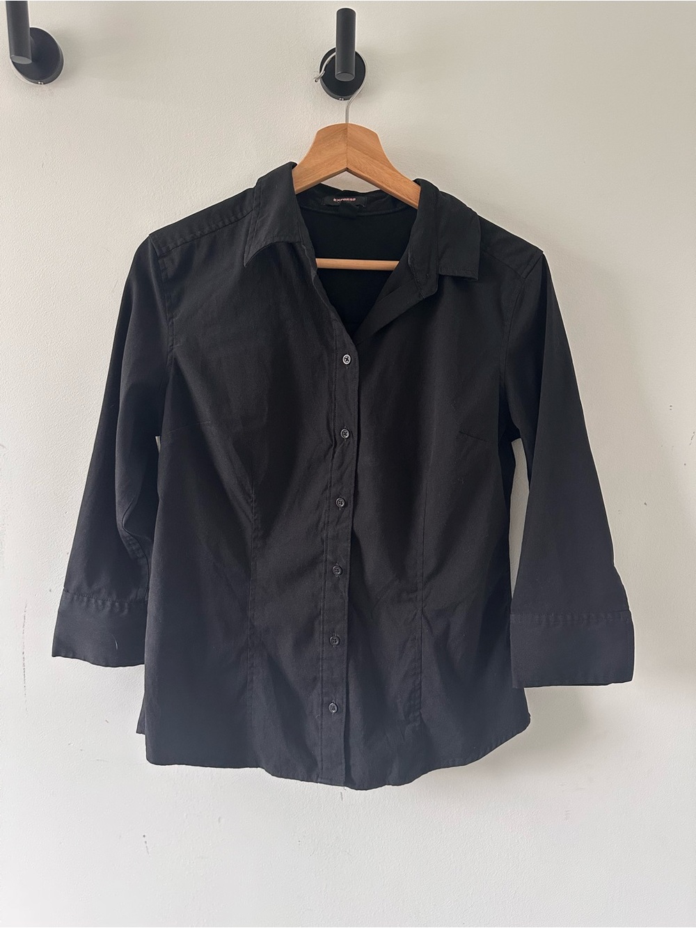 Express Black 90s Stretch Front Button Blouse Size 10 Vintage Y2K Minimalist